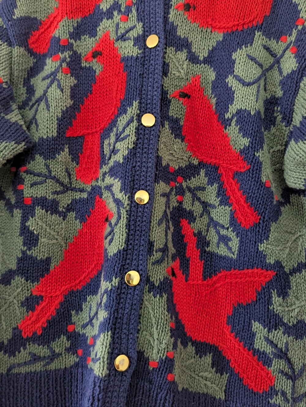 Orvis Women's Navy Cardigan Sweater with Red Cardinal Motif - Picture 6 of 7